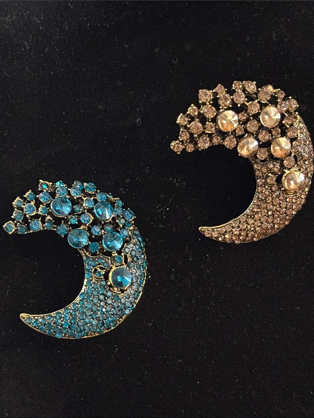 Crystal Crescent Brooches in Blue and Champagne